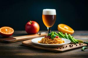 spaghetti with tomato sauce and vegetables on a wooden table. AI-Generated photo