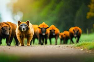 a herd of brown bears walking down a road. AI-Generated photo