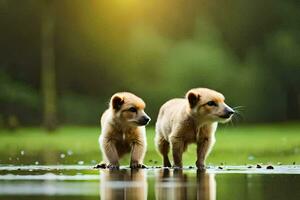 two puppies stand in the water with their reflection. AI-Generated photo