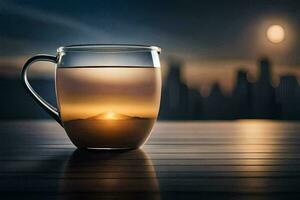 a glass cup of tea with a city in the background. AI-Generated photo
