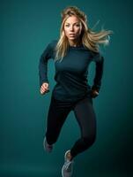 Young European woman dressed in sportswear clearly active and full of energy AI Generative photo