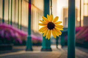 a yellow sunflower hanging from a pole in front of a building. AI-Generated photo