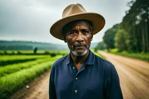 an african man in a hat standing on a dirt road. AI-Generated photo