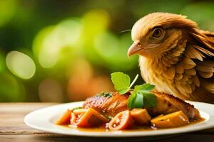 a bird is sitting on a plate with food. AI-Generated photo