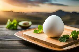 an egg on a wooden cutting board with herbs. AI-Generated photo