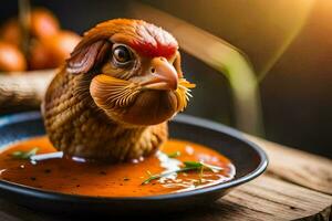 a chicken is sitting in a bowl of soup. AI-Generated photo