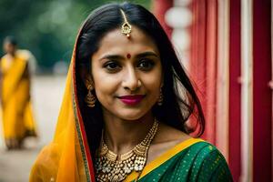 a woman in a sari with gold jewelry. AI-Generated photo