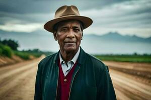 an african man in a hat standing on a dirt road. AI-Generated photo