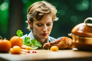 un mujer es mirando a un pollo en un mesa. generado por ai foto