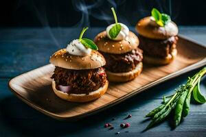 three sliders with cheese and herbs on a wooden tray. AI-Generated photo