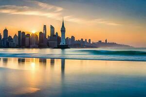 the sun rises over the city skyline in dubai. AI-Generated photo