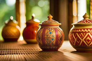 three colorful ceramic jars sitting on a table. AI-Generated photo