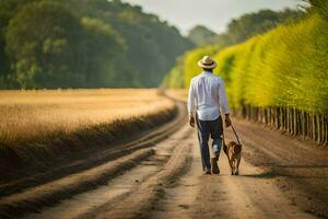 un hombre caminando su perro abajo un suciedad la carretera. generado por ai foto