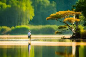 un hombre es caminando en el agua en frente de un árbol. generado por ai foto