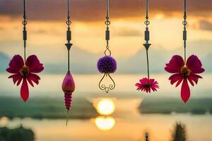 four hanging flowers with a sunset in the background. AI-Generated photo