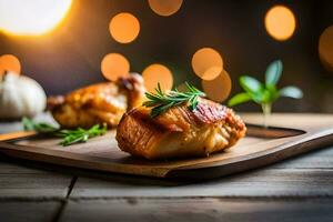 bacon wrapped chicken on a wooden cutting board. AI-Generated photo