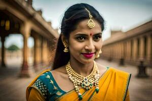 a beautiful indian woman wearing a yellow sari. AI-Generated photo