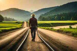 un hombre caminando en el ferrocarril pistas en el medio de un campo. generado por ai foto