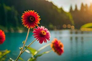 flores en el sol, lago, montañas, flores, naturaleza, naturaleza hd fondo de pantalla. generado por ai foto