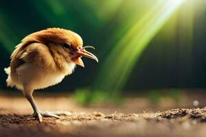 un pequeño pájaro con sus boca abierto. generado por ai foto