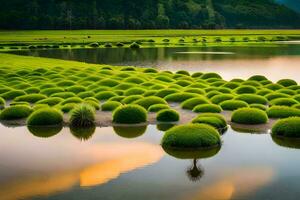 a field of grass surrounded by water and a tree. AI-Generated photo