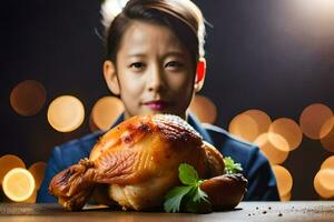 a woman holding a roasted chicken on a table. AI-Generated photo