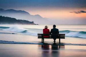 un Pareja sentado en un banco en el playa a puesta de sol. generado por ai foto