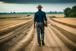 a man walking down a dirt road with a hat on. AI-Generated photo