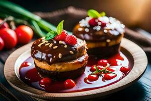 two cakes with chocolate sauce and berries on a wooden table. AI-Generated photo