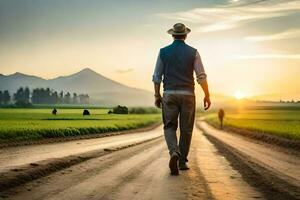 a man walking down a dirt road in the middle of a field. AI-Generated photo