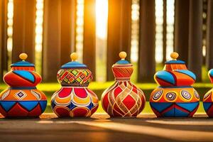 colorful ceramic jars lined up in a row. AI-Generated photo