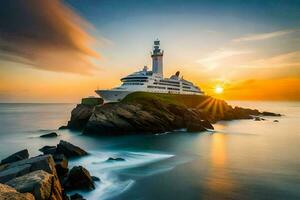 a cruise ship sits on top of a rock at sunset. AI-Generated photo