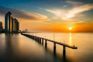 the sun rises over a pier in front of buildings. AI-Generated photo