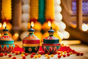 colorful diyas and candles sit on a table. AI-Generated photo