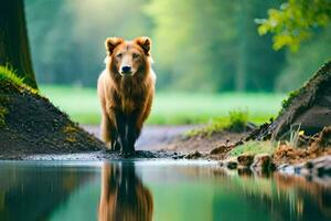 a brown bear walking along a river bank. AI-Generated photo