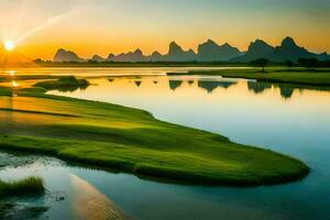 the sun rises over the li river in guilin, china. AI-Generated photo