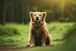 a golden retriever sitting in the grass. AI-Generated photo