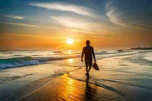 a man walks on the beach at sunset. AI-Generated photo