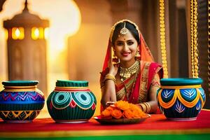 a beautiful indian woman sitting at a table with colorful pots. AI-Generated photo