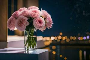 rosado rosas en un florero en un mesa en frente de un ciudad. generado por ai foto