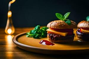 two mini burgers on a plate with a candle. AI-Generated photo