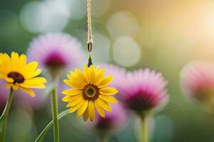 yellow flowers hanging from a string in the sun. AI-Generated photo