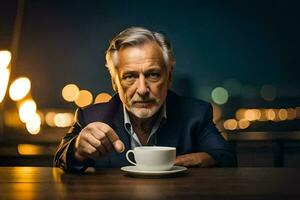 un más viejo hombre sentado a un mesa con un taza de café. generado por ai foto