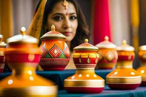 a woman in traditional indian dress is looking at a display of colorful pots. AI-Generated photo