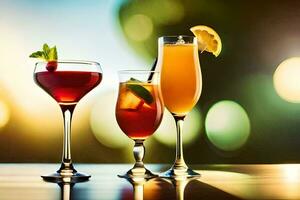 three different cocktails are shown on a table. AI-Generated photo