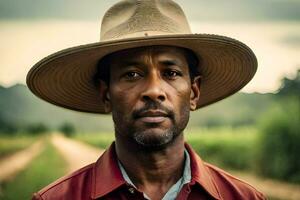 un hombre vistiendo un sombrero soportes en un campo. generado por ai foto