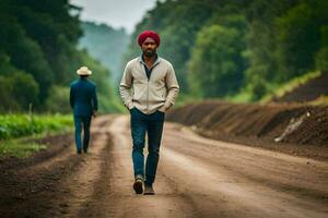 two men in blue jeans and white shirts walking down a dirt road. AI-Generated photo