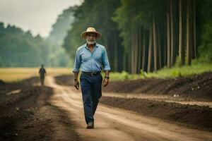 un más viejo hombre caminando abajo un suciedad la carretera. generado por ai foto