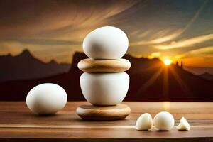 eggs on a table with a sunset in the background. AI-Generated photo