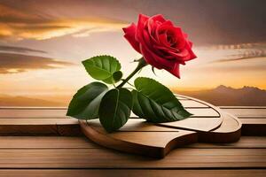 a single red rose is sitting on a wooden table with a sunset in the background. AI-Generated photo